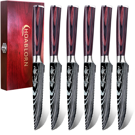 ChefHoablorn Steak Knife Set, No Sharpening Required Dinner Knife, steak knives set of 6 Serrated Steak Knife with Home Chef Gift Box