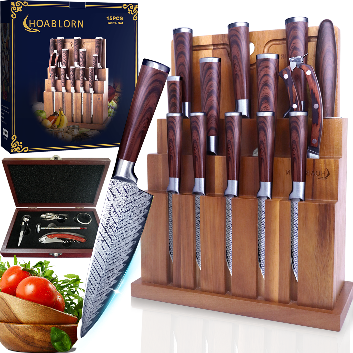 ChefHoablorn Knife Set with Block 20PCS AK01, Damascus Look and Complete Kitchen Knives, Extra Large Knife Holder with Cutting Board, High Carbon Stainless Steel