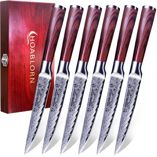 ChefHoablorn Steak Knife Set, No Sharpening Required Dinner Knife, steak knives set of 6 Serrated Steak Knife with Home Chef Gift Box.